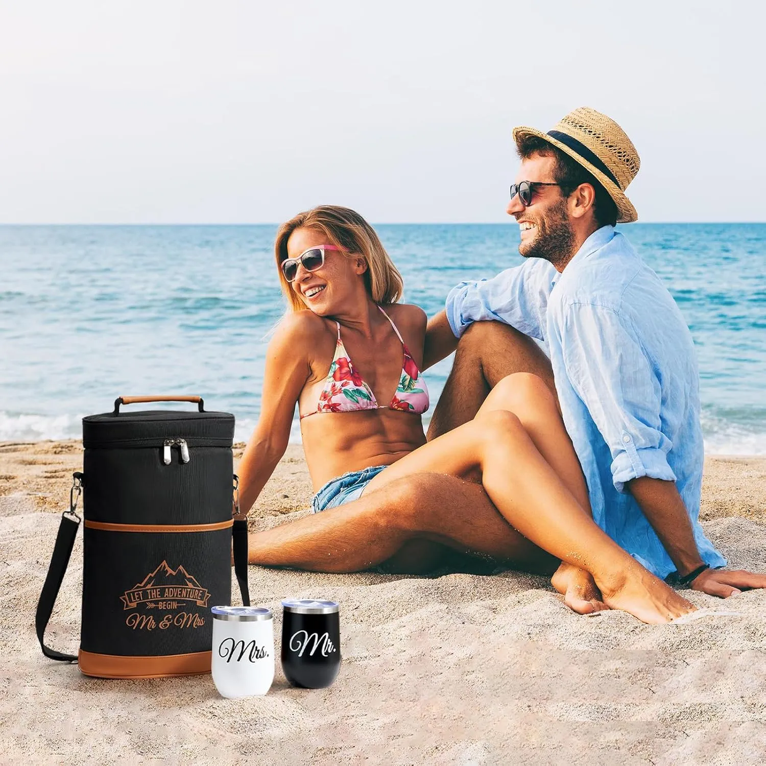 AW BRIDAL 15 Oz/ 2 Pack Insulated Stemless Wine Tumbler Glasses with Lids and Black Wine Cooler Bag, Coffee, Drinks, Engagement Wedding Gifts for Couples, Mr and Mrs Gifts