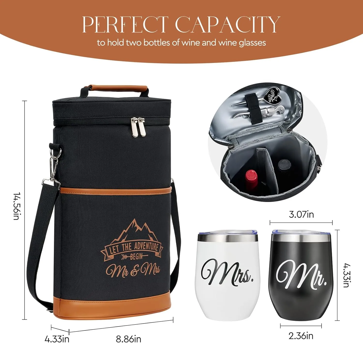 AW BRIDAL 15 Oz/ 2 Pack Insulated Stemless Wine Tumbler Glasses with Lids and Black Wine Cooler Bag, Coffee, Drinks, Engagement Wedding Gifts for Couples, Mr and Mrs Gifts