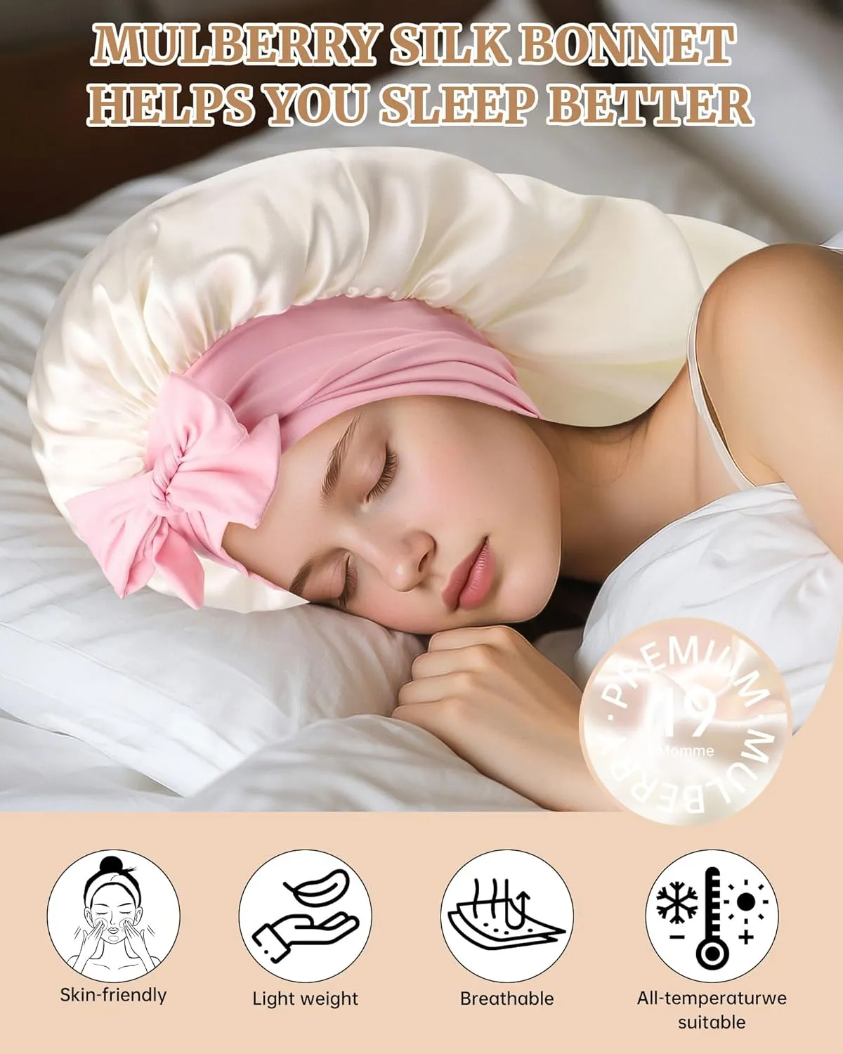 AWAYTR Silk Bonnet for Long Hair - 100% Mulberry Silk Bonnet for Sleeping Women or Kids with Adjustable Elastic Band