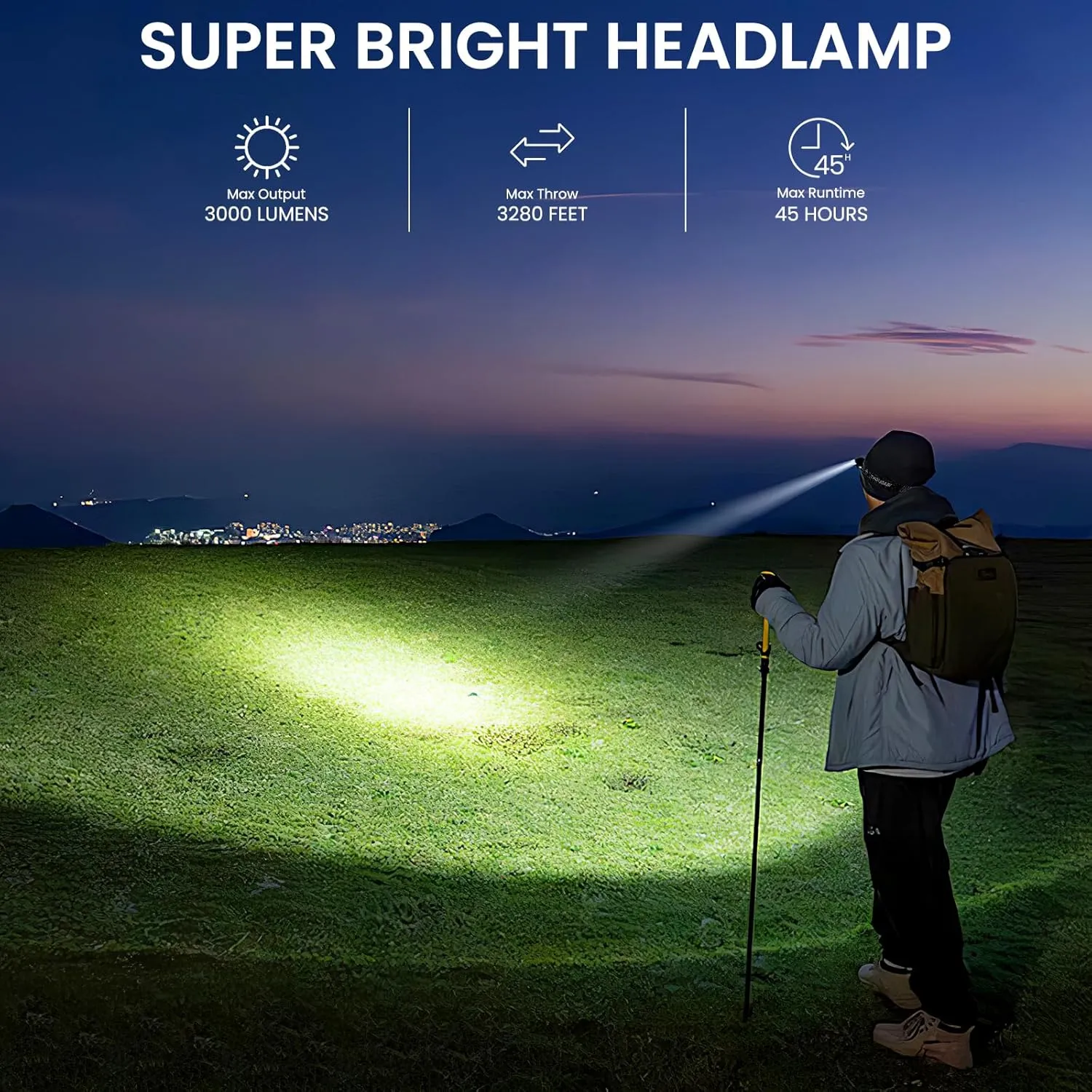 azamine LED Headlamp Rechargeable, 3000 Lumens Bright Head Lamp Βattery Include, 90° Adjustable Head Lights for Forehead with 3 Modes, Long Runtime & Waterproof Headlamps for Adults Camping Hiking