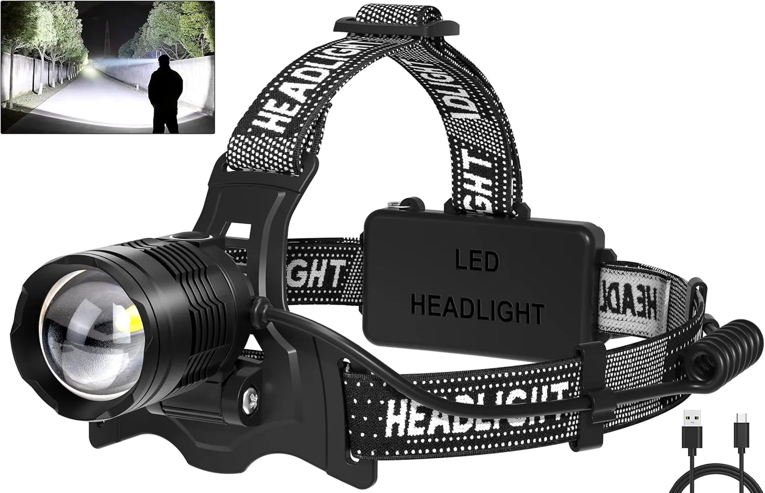 azamine LED Headlamp Rechargeable, 3000 Lumens Bright Head Lamp Βattery Include, 90° Adjustable Head Lights for Forehead with 3 Modes, Long Runtime & Waterproof Headlamps for Adults Camping Hiking
