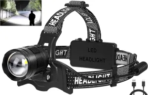 azamine LED Headlamp Rechargeable, 3000 Lumens Bright Head Lamp Βattery Include, 90° Adjustable Head Lights for Forehead with 3 Modes, Long Runtime & Waterproof Headlamps for Adults Camping Hiking