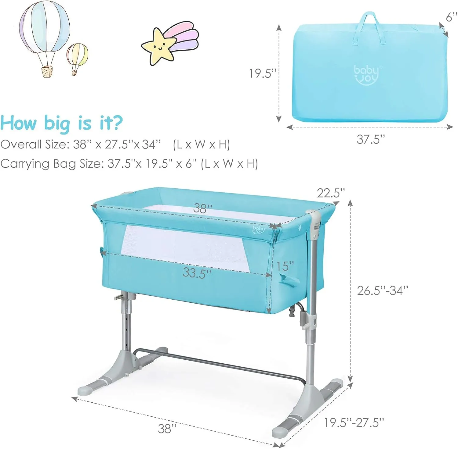 BABY JOY Baby Bedside Crib, Portable Travel Sleeper Bed Side Bassinet w/Carrying Bag, Newborn Bassinet to Infant, Kids Crib with Detachable Mattress, Height Adjustable Design, Breathable Mesh, Green
