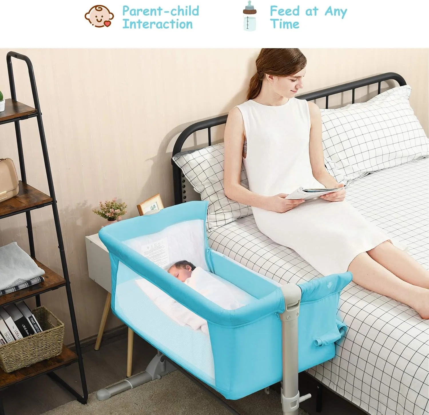 BABY JOY Baby Bedside Crib, Portable Travel Sleeper Bed Side Bassinet w/Carrying Bag, Newborn Bassinet to Infant, Kids Crib with Detachable Mattress, Height Adjustable Design, Breathable Mesh, Green