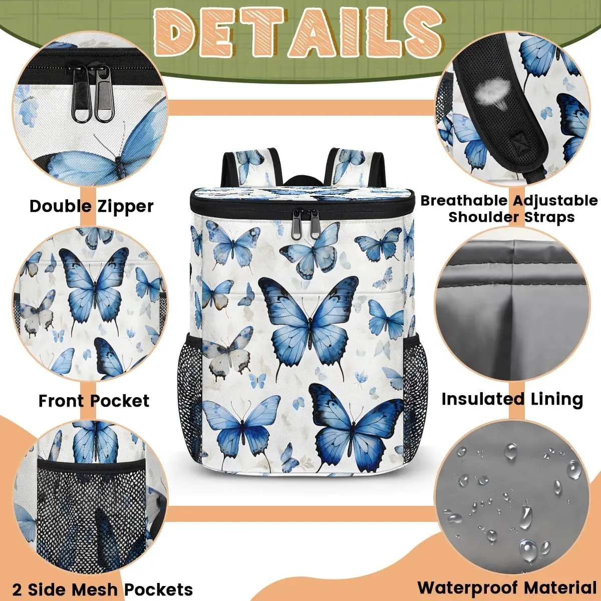 Backpack Cooler Butterfly Cooler Backpack Insulated Leak Proof Soft Cooler Bag for Men Women Lunch Backpack for Camping Picnic Hiking Beach Travel