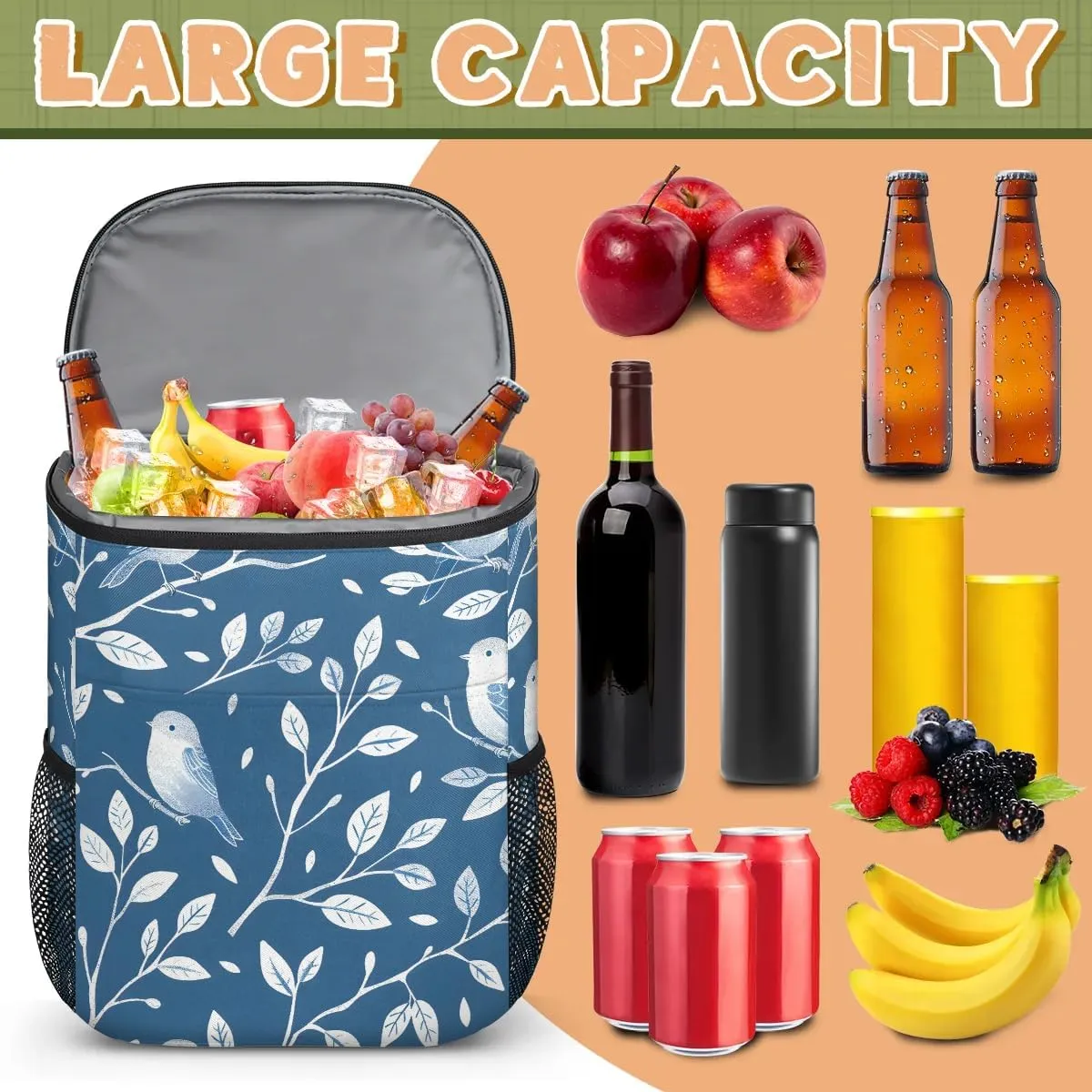Backpack Cooler Cute Birds Leaves Cooler Backpack Insulated Leak Proof Soft Cooler Bag for Men Women Lunch Backpack for Camping Picnic Hiking Beach Travel