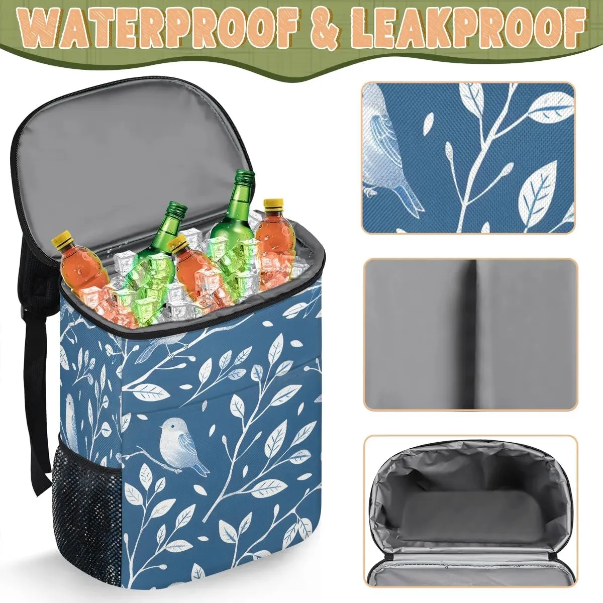 Backpack Cooler Cute Birds Leaves Cooler Backpack Insulated Leak Proof Soft Cooler Bag for Men Women Lunch Backpack for Camping Picnic Hiking Beach Travel