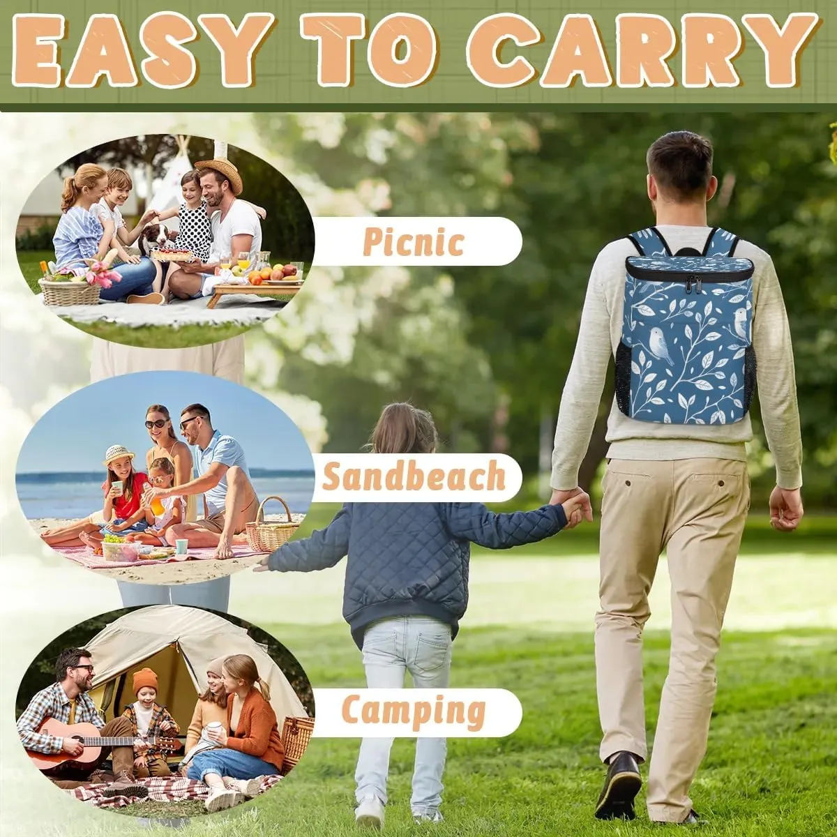 Backpack Cooler Cute Birds Leaves Cooler Backpack Insulated Leak Proof Soft Cooler Bag for Men Women Lunch Backpack for Camping Picnic Hiking Beach Travel