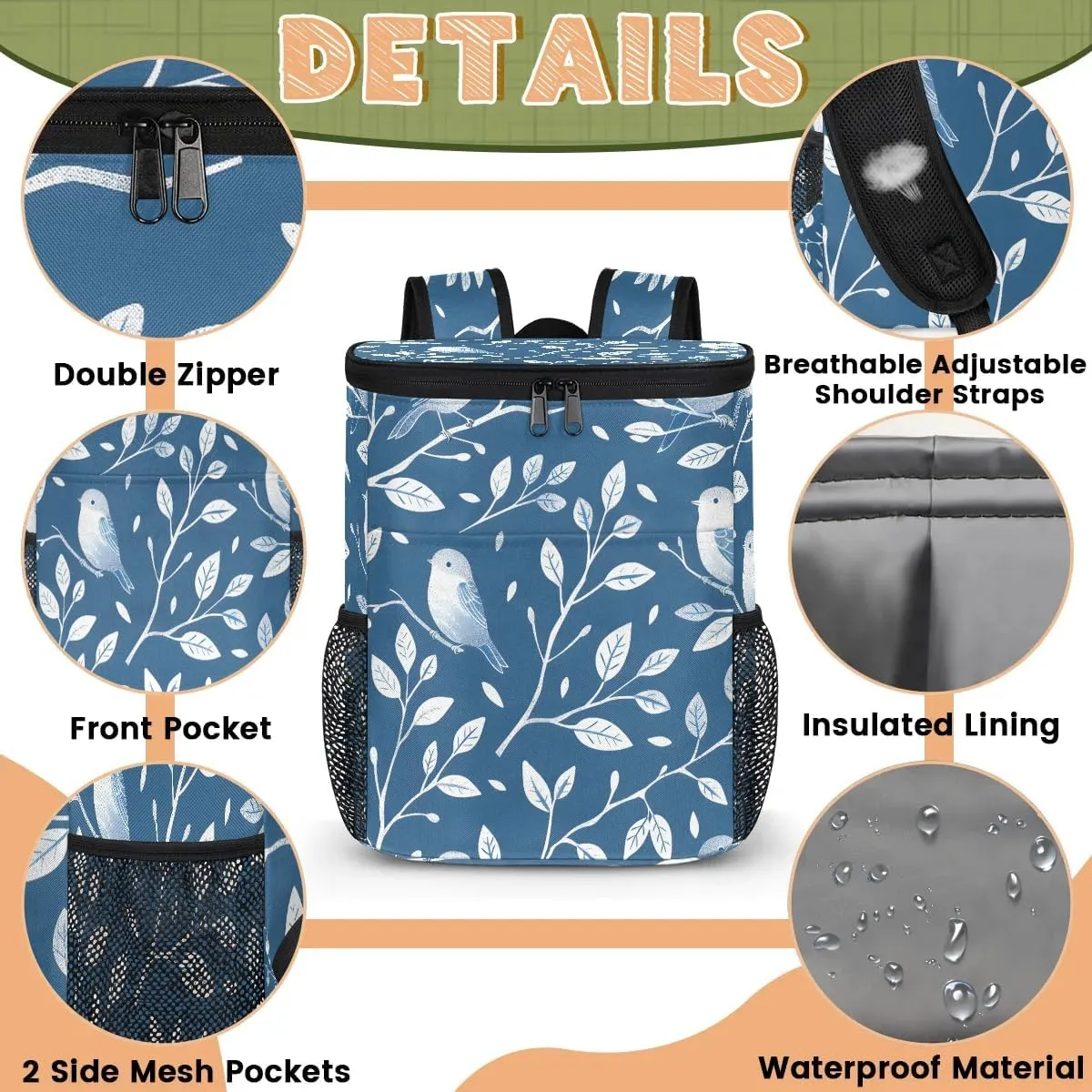 Backpack Cooler Cute Birds Leaves Cooler Backpack Insulated Leak Proof Soft Cooler Bag for Men Women Lunch Backpack for Camping Picnic Hiking Beach Travel