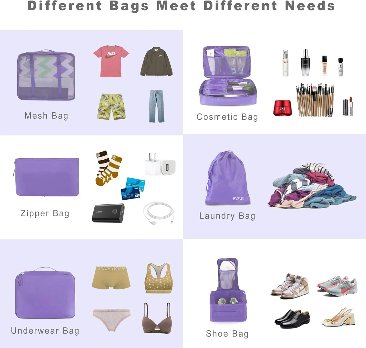 BAGAIL 8 Set Packing Cubes Luggage Packing Organizers for Travel Accessories-Light Purple