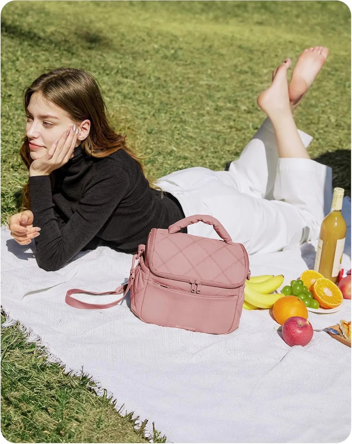 BAGSMART Insulated Lunch Bags for Women, Cute Quilted Lunch Box, Lightweight Puffy Padded Waterproof Lunch Tote, Reusable Lunch Cooler for Work Picnic Travel, Dark Pink