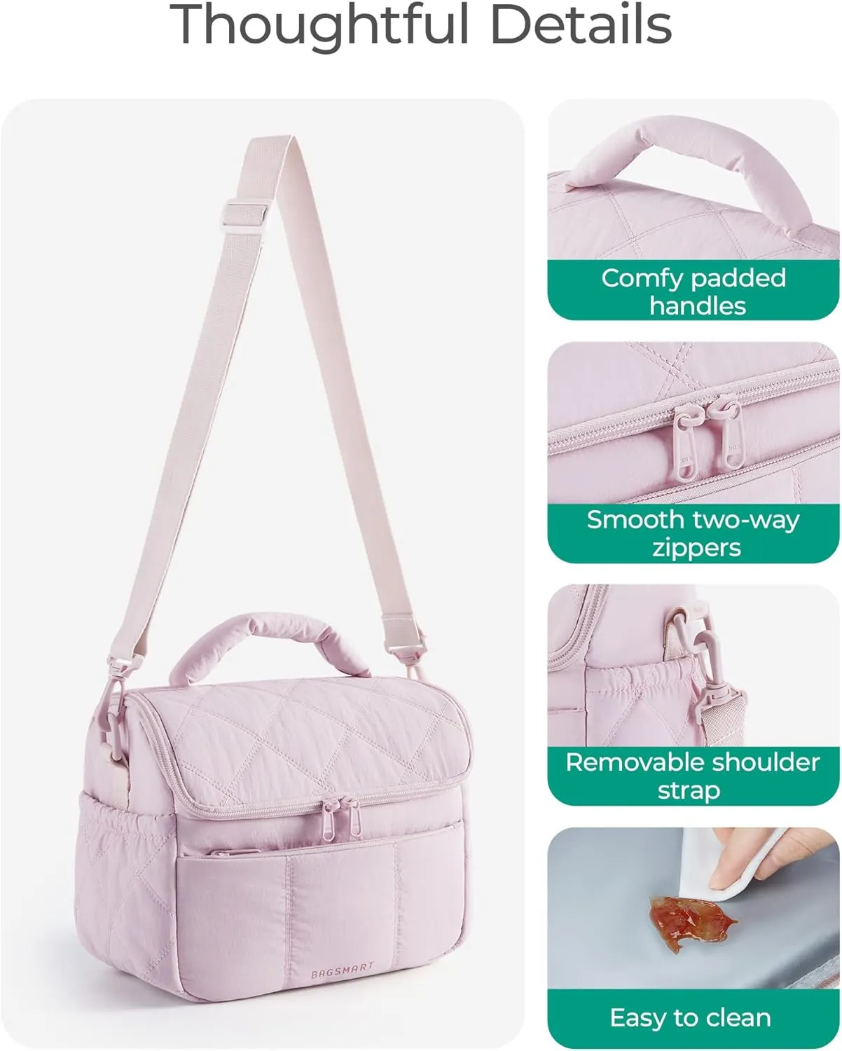 BAGSMART Insulated Lunch Bags for Women, Cute Quilted Lunch Box, Lightweight Puffy Padded Waterproof Lunch Tote, Reusable Lunch Cooler for Work Picnic Travel, Dark Pink