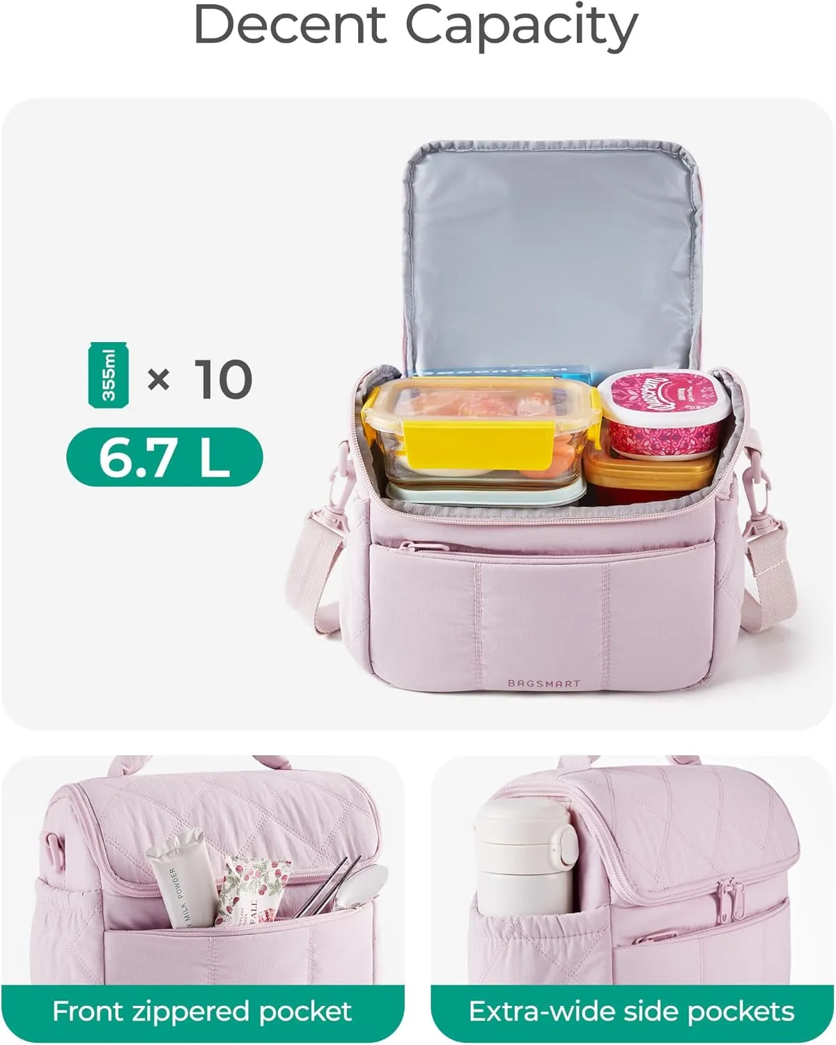 BAGSMART Insulated Lunch Bags for Women, Cute Quilted Lunch Box, Lightweight Puffy Padded Waterproof Lunch Tote, Reusable Lunch Cooler for Work Picnic Travel, Dark Pink