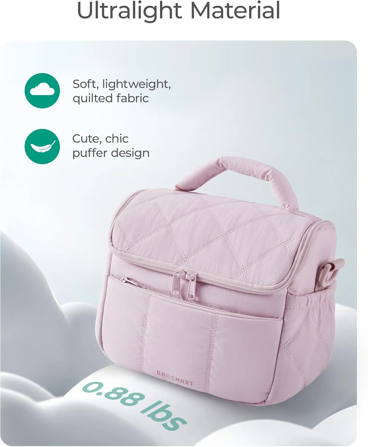 BAGSMART Insulated Lunch Bags for Women, Cute Quilted Lunch Box, Lightweight Puffy Padded Waterproof Lunch Tote, Reusable Lunch Cooler for Work Picnic Travel, Dark Pink