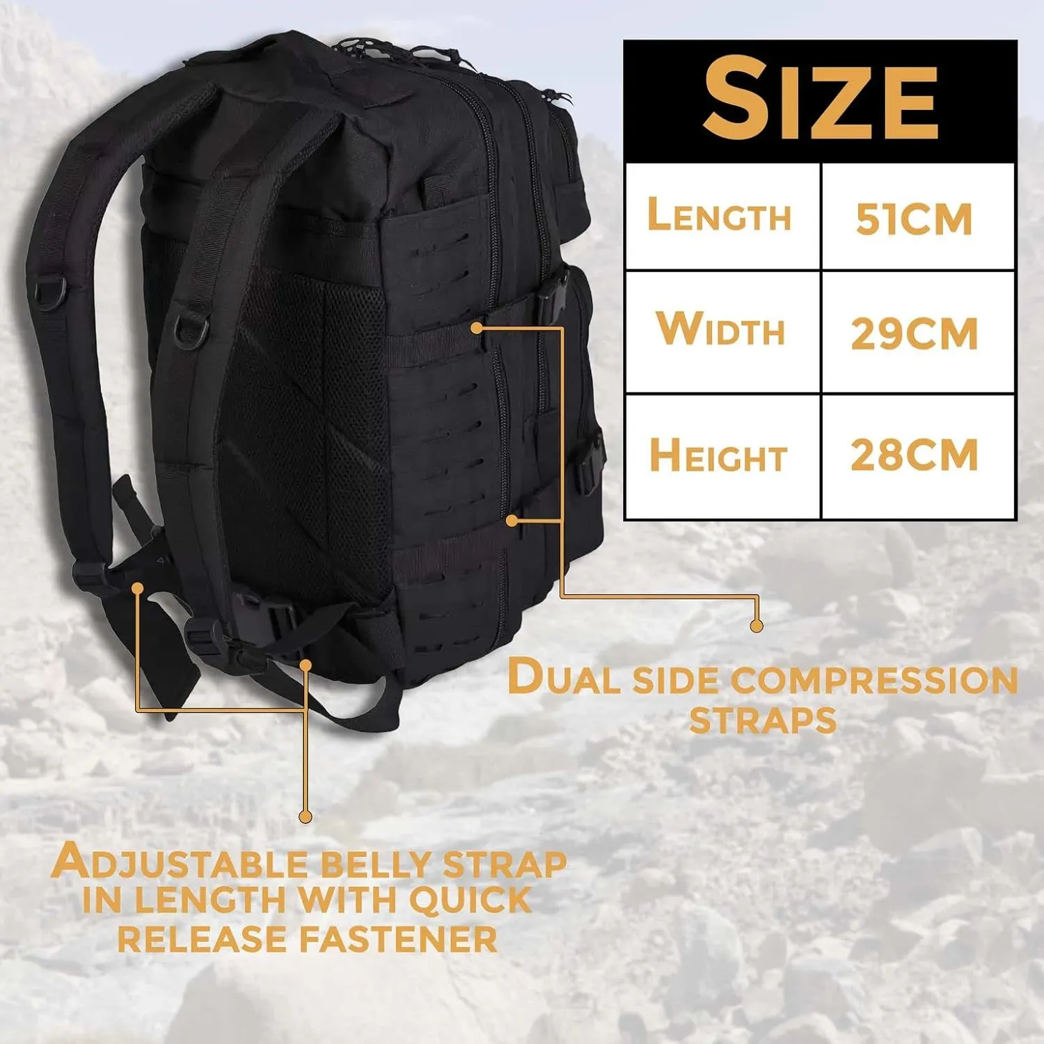 BaHoki Essentials Large Size Tactical Backpack - Military Rucksack with Molle Bags - Ventilated Mesh Adjustable Bag (Black)