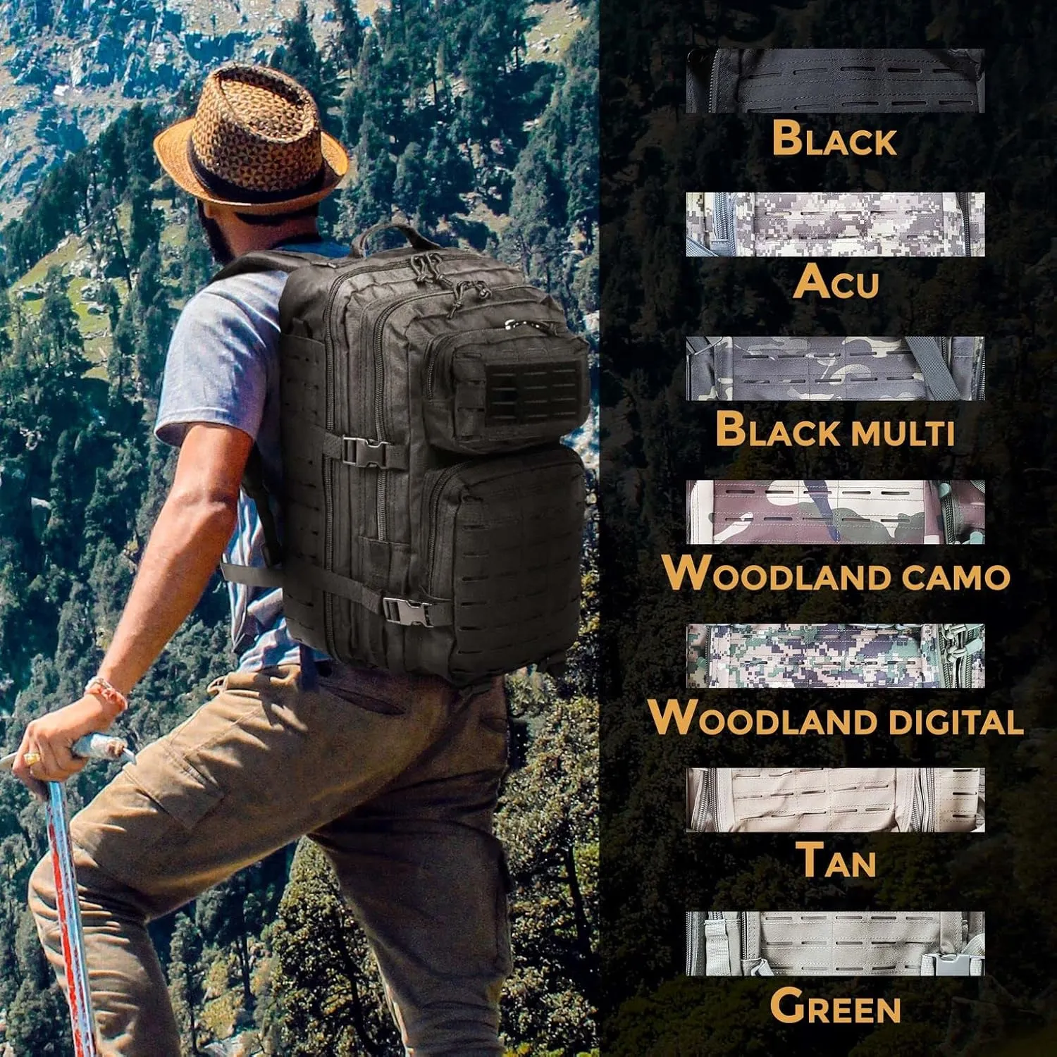 BaHoki Essentials Large Size Tactical Backpack - Military Rucksack with Molle Bags - Ventilated Mesh Adjustable Bag (Black)