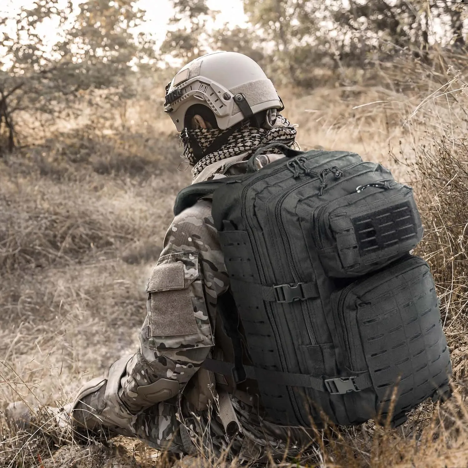 BaHoki Essentials Large Size Tactical Backpack - Military Rucksack with Molle Bags - Ventilated Mesh Adjustable Bag (Black)