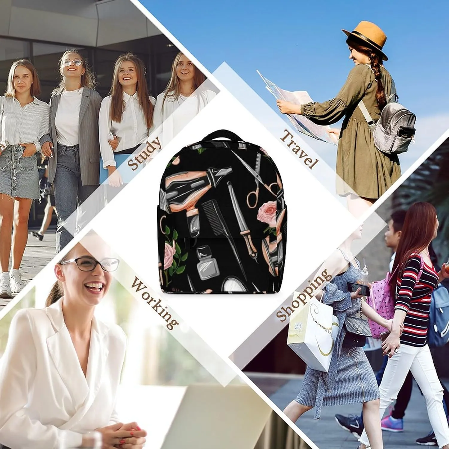 Barber Scissors Comb Casual Women's Backpack, Lightweight, Waterproof, Versatile Daily Bag