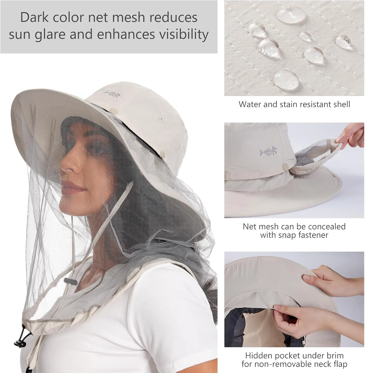 BASSDASH UPF 50  Mosquito Sun Hat with Hidden Head Net and Neck Flap for Men Women Outdoor Fishing Hiking Camping FH16