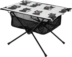 Beach Fold Table Funny Cartoon Black Cat Compact Grill Table Camp with Storage Bag for Outdoor Kitchen Picnic