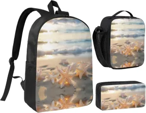 Beach Starfish1 print Backpack 3pcs Set Including 17 Inch Large BookBag With Lunch Bag And Practical Pen Bag