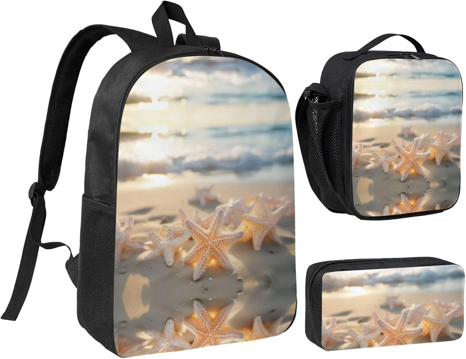 Beach Starfish1 print Backpack 3pcs Set Including 17 Inch Large BookBag With Lunch Bag And Practical Pen Bag
