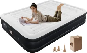 BEBAS Queen Size Air Mattress with Built in Pump Fast Electric Inflation/Deflation Mattress Blow up Bed Inflatable for Home,Guests,Office,Camping Airbed 16 Inch Tall,600lbs Max,Black