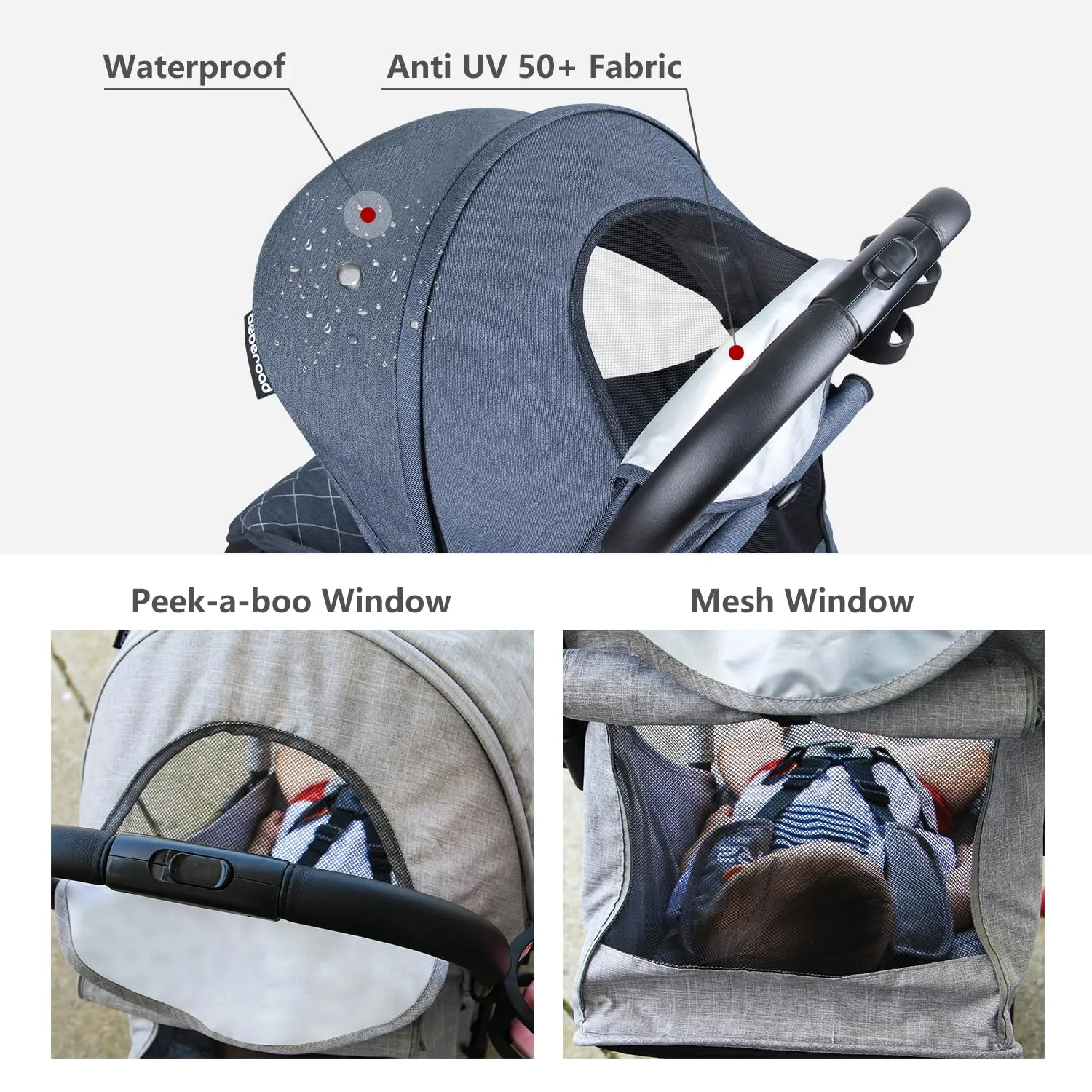 Beberoad Love R2 Small Travel Stroller - Foldable, Lightweight, Baby Stroller for Airplane - Infant to Toddler - Adjustable Backrest, Cup Holder, Waterproof Canopy, Denim Blue