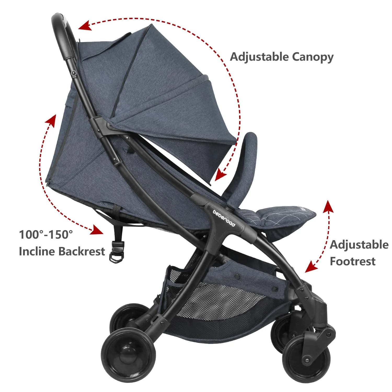 Beberoad Love R2 Small Travel Stroller - Foldable, Lightweight, Baby Stroller for Airplane - Infant to Toddler - Adjustable Backrest, Cup Holder, Waterproof Canopy, Denim Blue