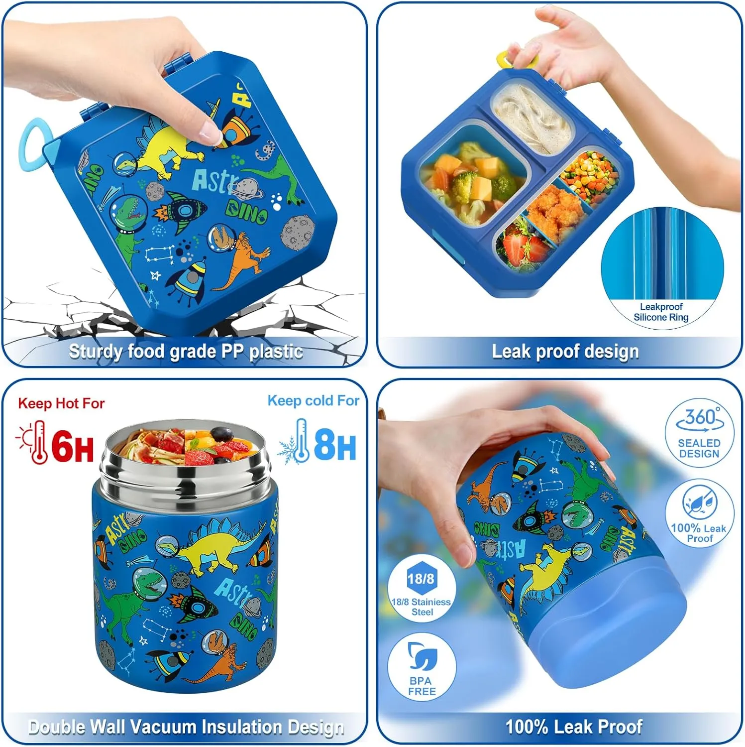 Bento Lunch Box for Kids with 12oz Soup Thermo Leak-Proof Lunch Food Container with 5 Compartment Thermo Hot Food Jar and Insulated Lunch Bag for Kid Toddler Girls Boys to School