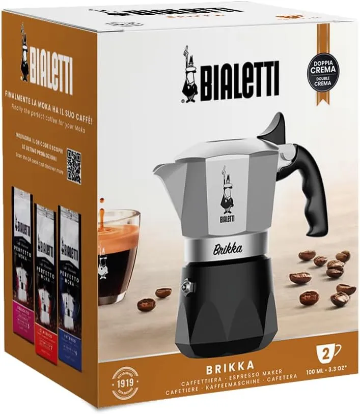 Bialetti Brikka Moka Pot - Crema-Rich Stovetop Espresso Maker, Italian Coffee Maker, 2 Espresso Shots (3.4 oz - 100 ml), Black