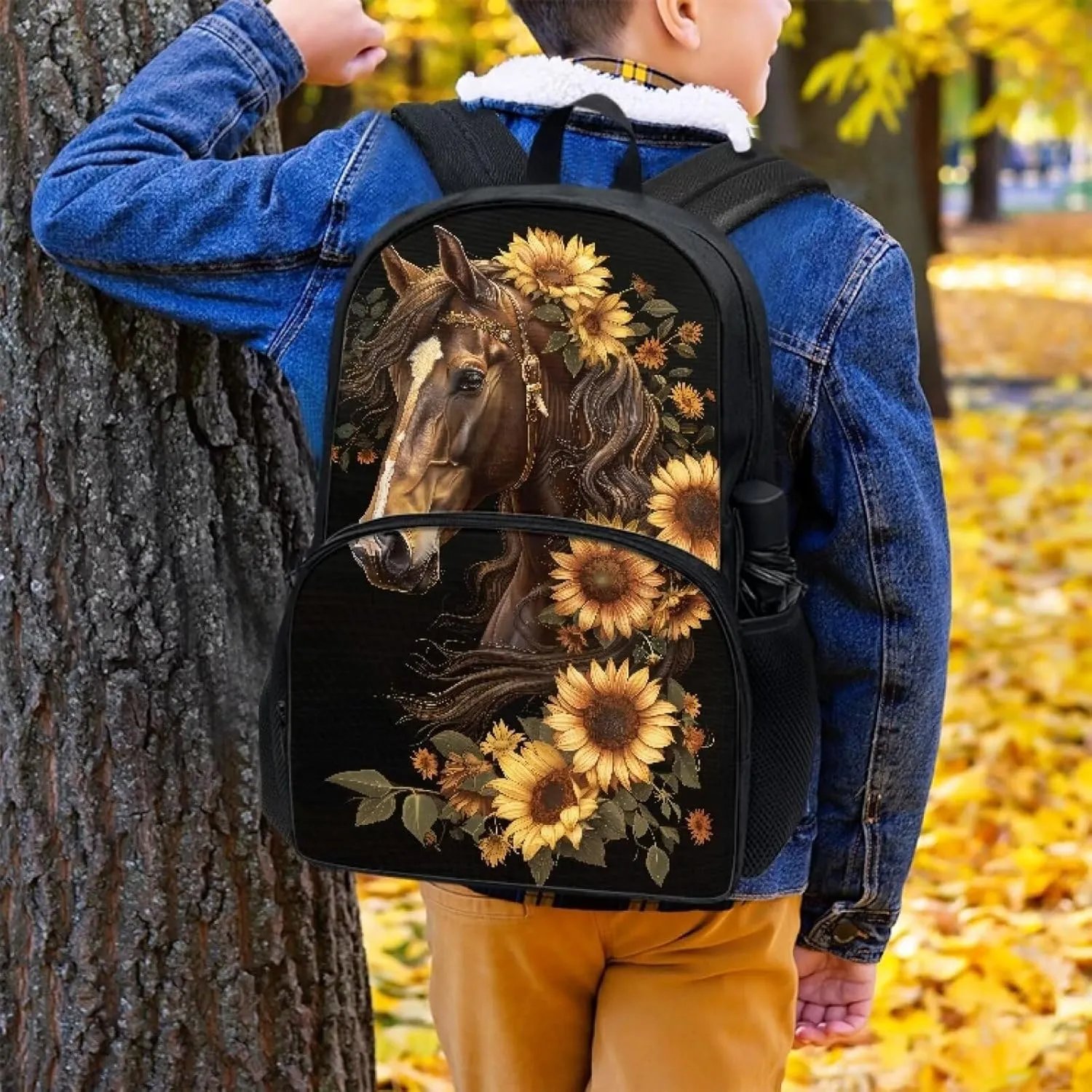 Binienty Brown Horse Kids Schoolbag Horse Pattern School Supplies 17 Inch School Backpack for Boy Girls Sunflower Horse School Bag for Preschool,Kindergarten,Primary School Students