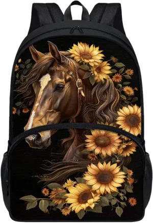 Binienty Brown Horse Kids Schoolbag Horse Pattern School Supplies 17 Inch School Backpack for Boy Girls Sunflower Horse School Bag for Preschool,Kindergarten,Primary School Students