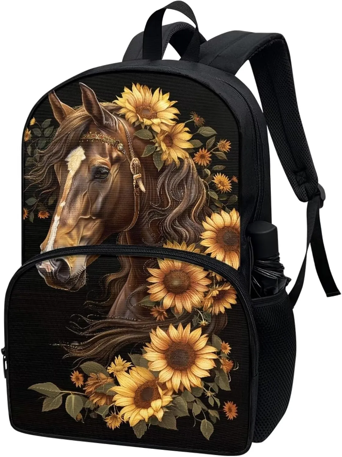 Binienty Brown Horse Kids Schoolbag Horse Pattern School Supplies 17 Inch School Backpack for Boy Girls Sunflower Horse School Bag for Preschool,Kindergarten,Primary School Students