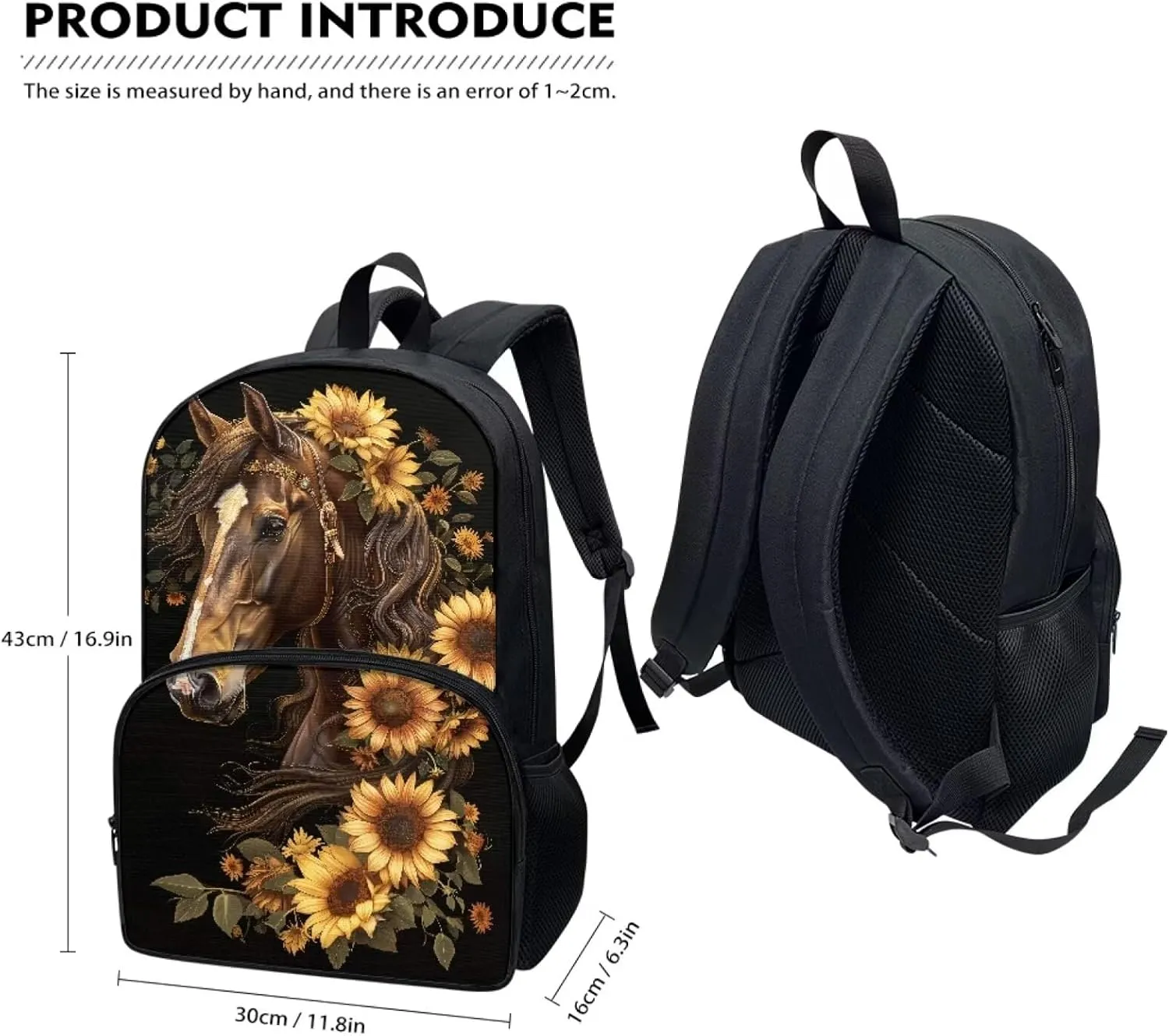 Binienty Brown Horse Kids Schoolbag Horse Pattern School Supplies 17 Inch School Backpack for Boy Girls Sunflower Horse School Bag for Preschool,Kindergarten,Primary School Students