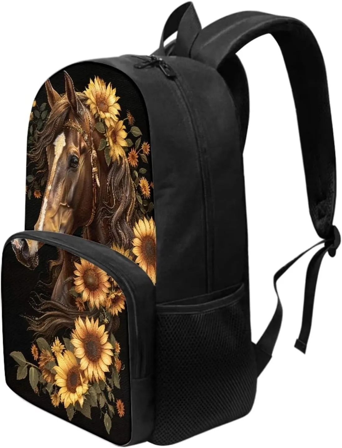 Binienty Brown Horse Kids Schoolbag Horse Pattern School Supplies 17 Inch School Backpack for Boy Girls Sunflower Horse School Bag for Preschool,Kindergarten,Primary School Students
