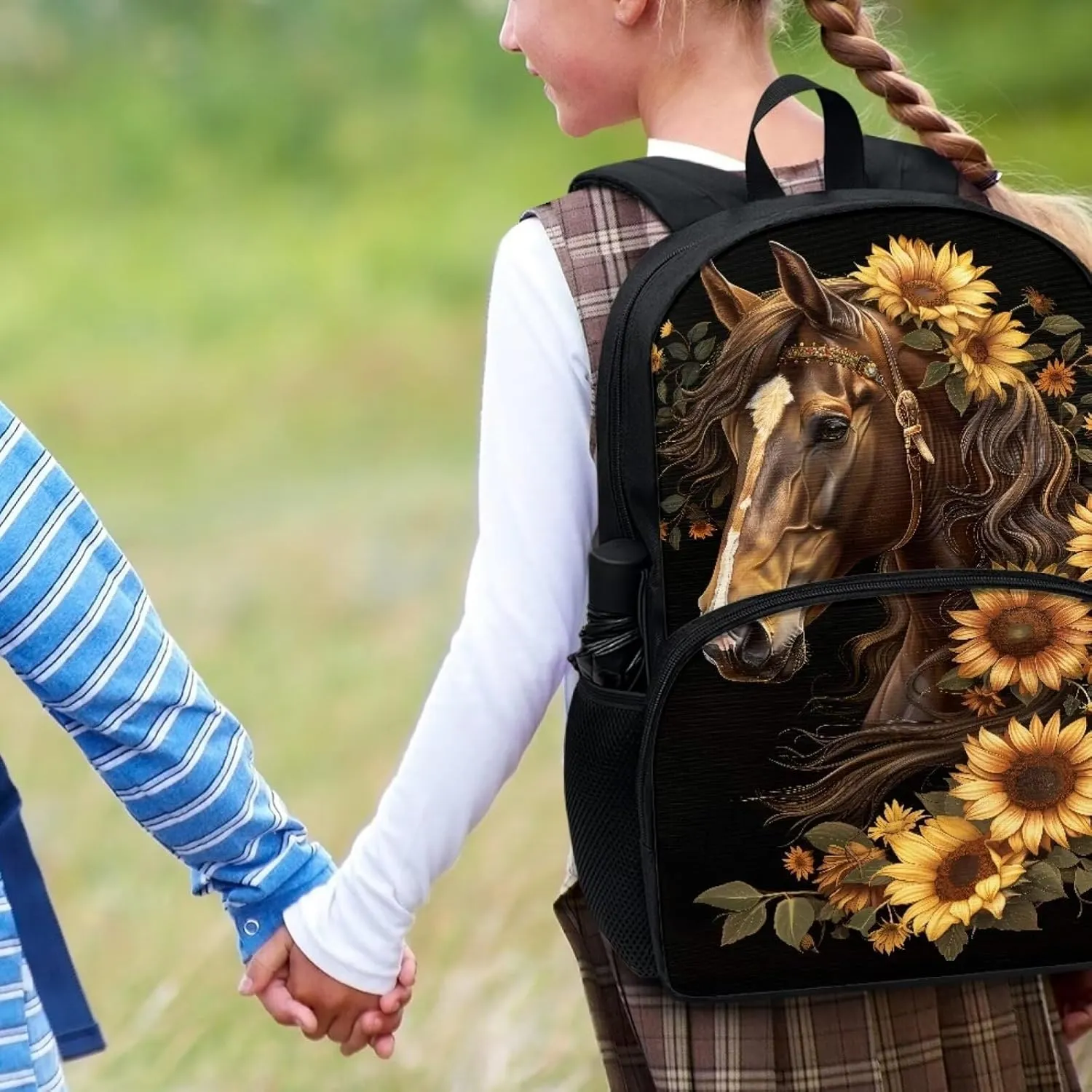 Binienty Brown Horse Kids Schoolbag Horse Pattern School Supplies 17 Inch School Backpack for Boy Girls Sunflower Horse School Bag for Preschool,Kindergarten,Primary School Students