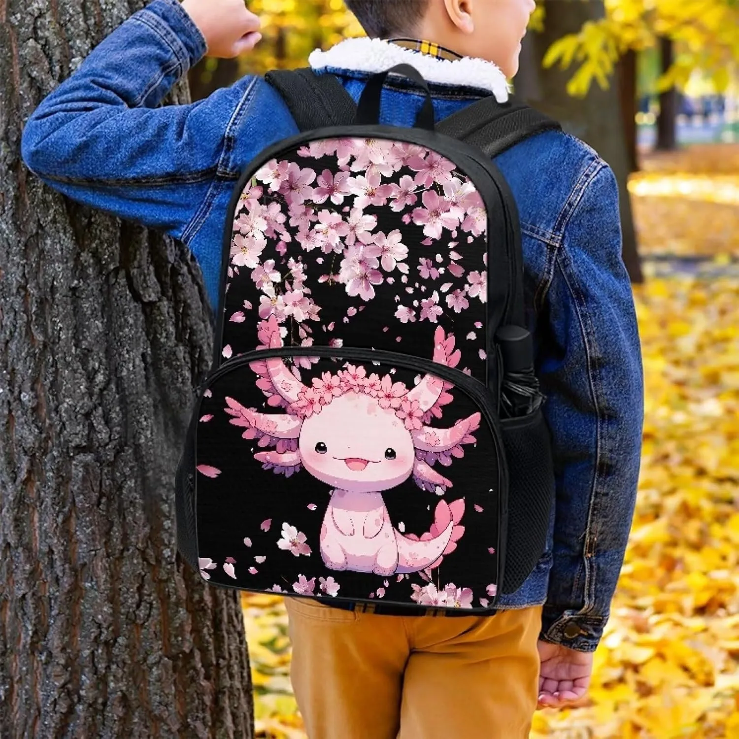 Binienty Pink Axolotl Schoolbag for Boy Girls Lightweight 17 Inch Backpack Casual Daypack Students School Bag for Middle School,Travel Shoulder Ruckpack