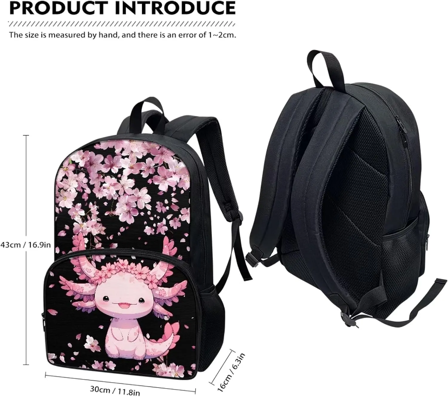 Binienty Pink Axolotl Schoolbag for Boy Girls Lightweight 17 Inch Backpack Casual Daypack Students School Bag for Middle School,Travel Shoulder Ruckpack