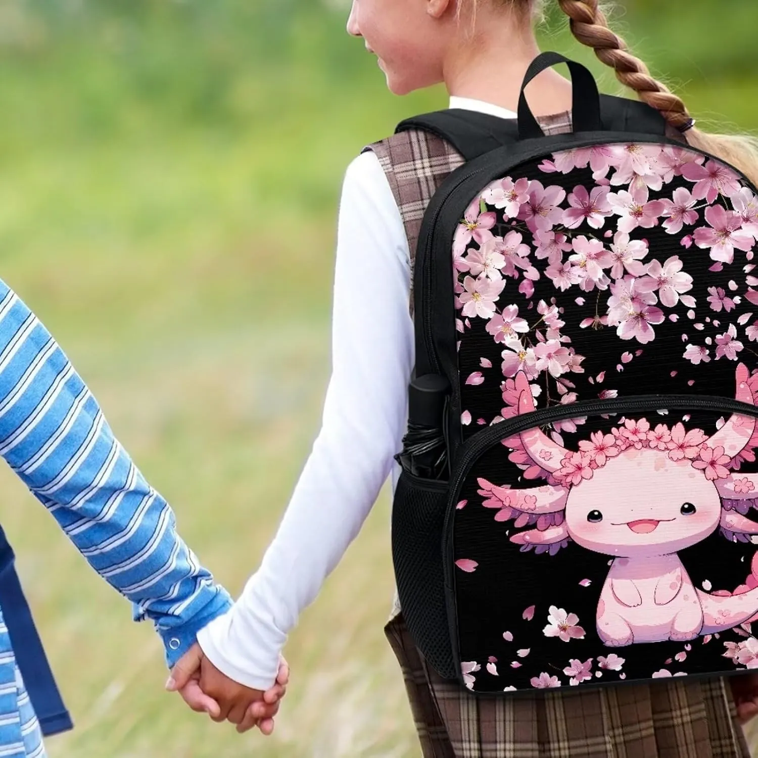 Binienty Pink Axolotl Schoolbag for Boy Girls Lightweight 17 Inch Backpack Casual Daypack Students School Bag for Middle School,Travel Shoulder Ruckpack