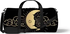 Black Vintage Cute Boho Gold Magic Moon Girl Sports Bag Tote Bag Waterproof Gym Bag with Shoulder Strap Zipper 2 Side Pockets for Men and Women, Travel and Storage Shoulder Bag.