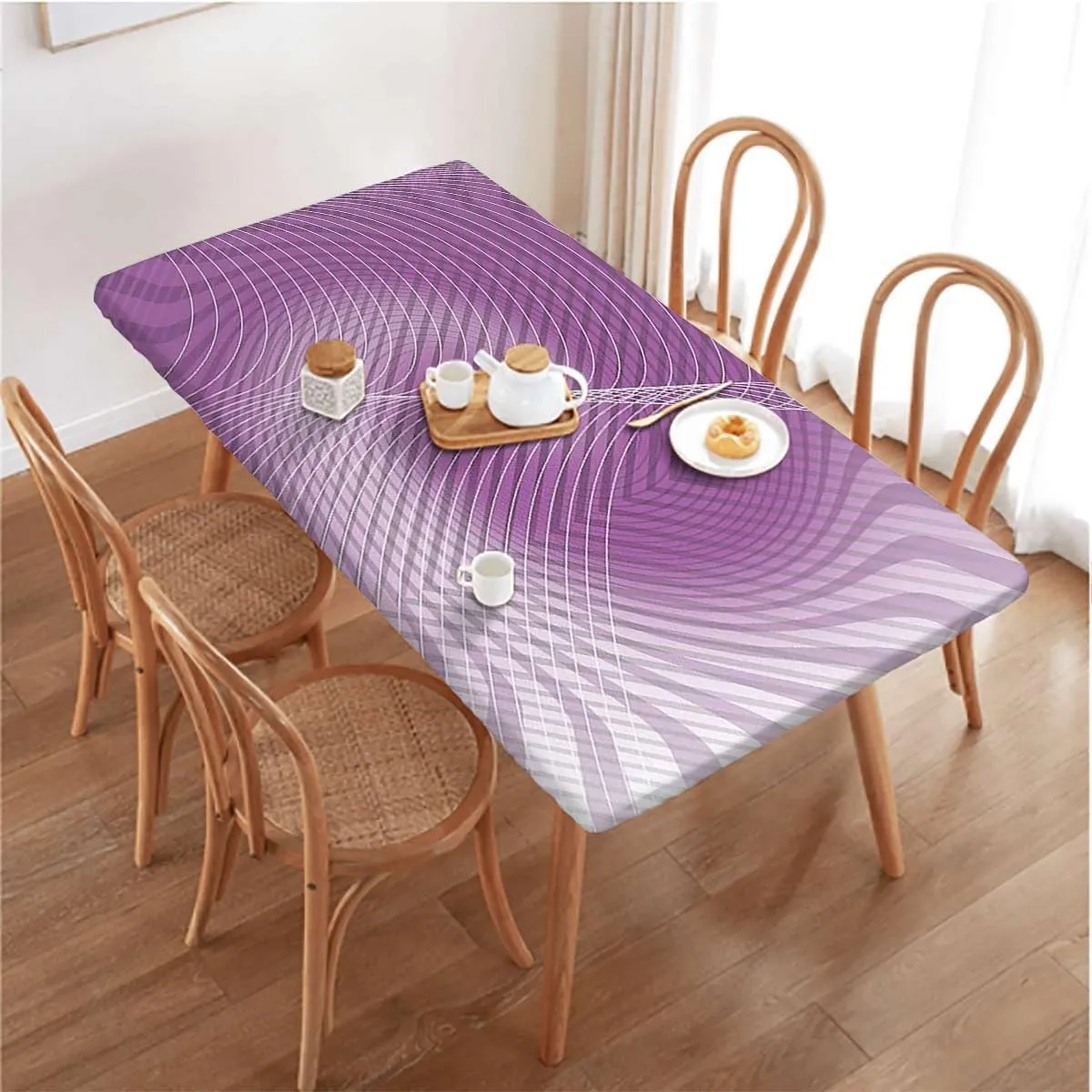 Blue Violet Fitted Table Cover for Square Tables Nebula spired Curved Thin Stripes Wooden Boards Oil Proof Waterproof Tablecloth for Picnic Party Abstract Fits up 4 Foot Tables