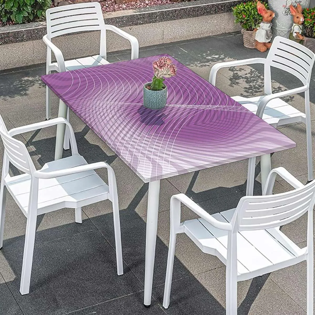 Blue Violet Fitted Table Cover for Square Tables Nebula spired Curved Thin Stripes Wooden Boards Oil Proof Waterproof Tablecloth for Picnic Party Abstract Fits up 4 Foot Tables