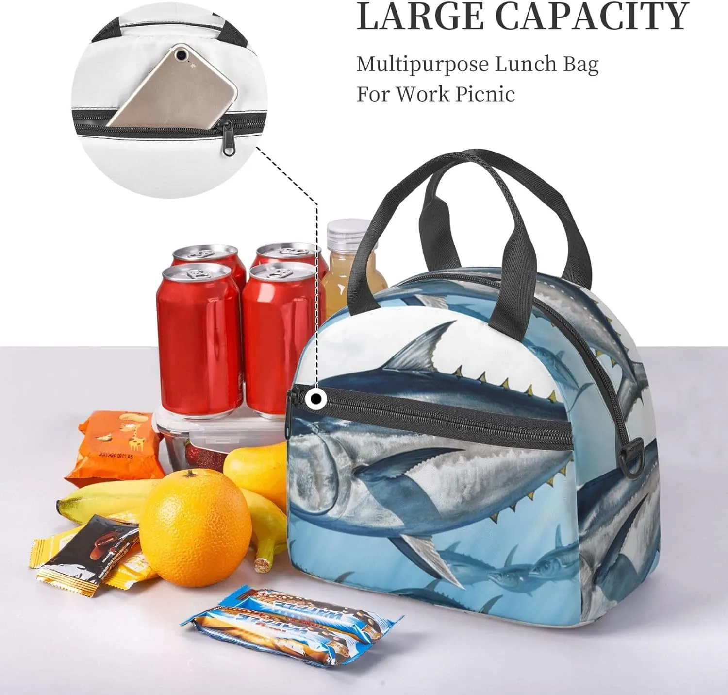 Bluefin Tuna Thunnus_78535691 Lunch Bag for Women Men Lunch Box with Front Pocket Insulated Lunch Tote Bag for Office Work
