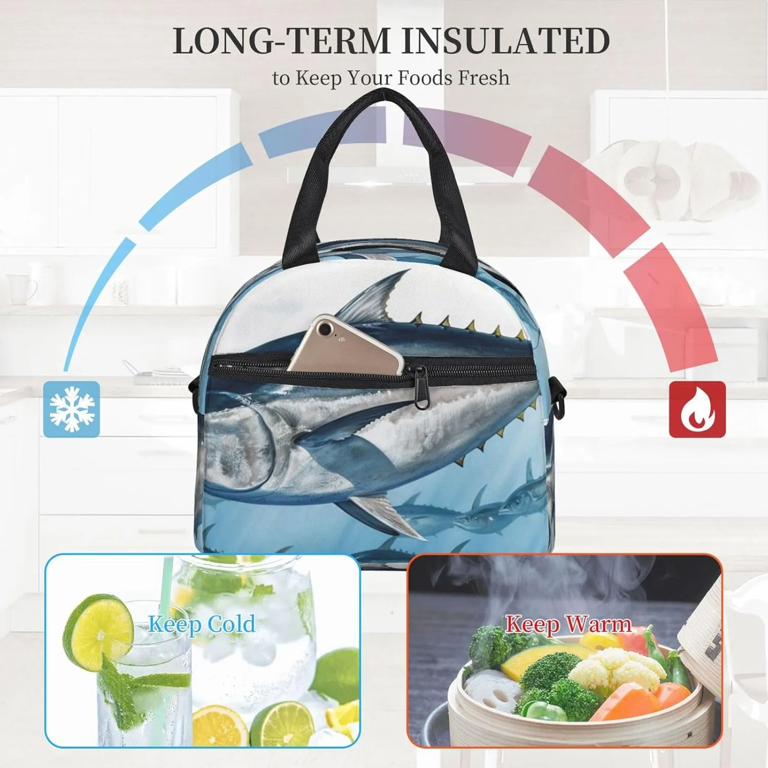 Bluefin Tuna Thunnus_78535691 Lunch Bag for Women Men Lunch Box with Front Pocket Insulated Lunch Tote Bag for Office Work