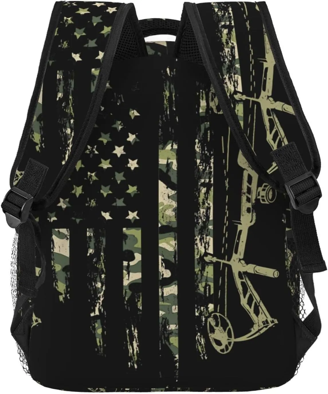 Bow Hunting American Flag Archery Bowhunter Camouflage Backpack Casual Pack Bag Laptop Backpack With Side Pocket Front Zipper Pocket Bookpack Travel Daypack Picnic Rucksack