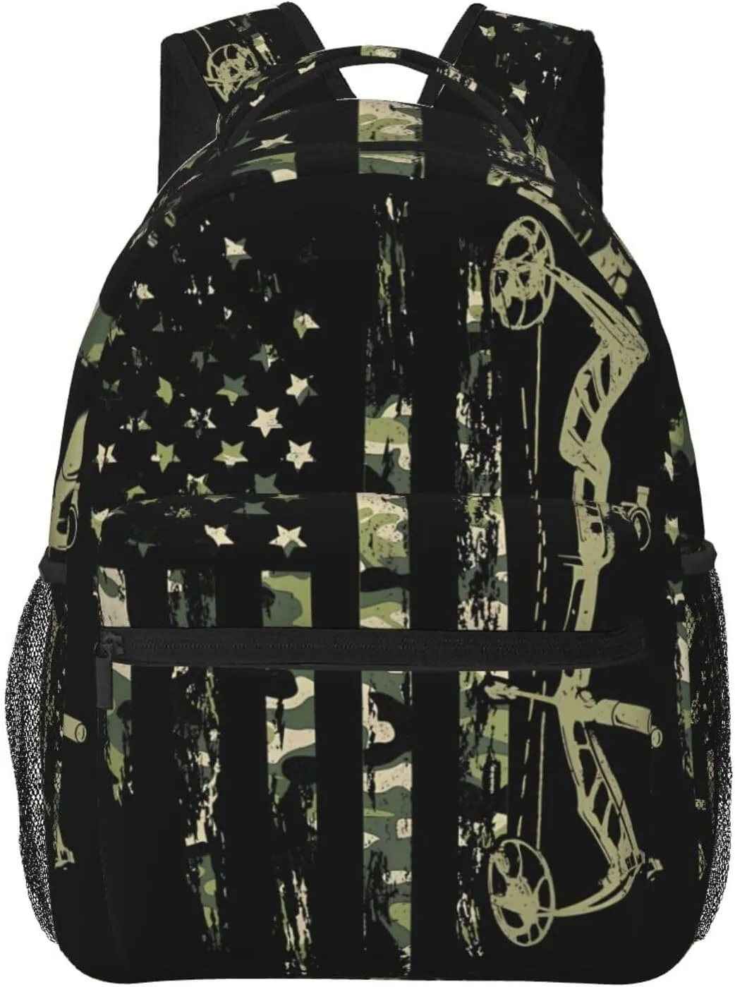 Bow Hunting American Flag Archery Bowhunter Camouflage Backpack Casual Pack Bag Laptop Backpack With Side Pocket Front Zipper Pocket Bookpack Travel Daypack Picnic Rucksack
