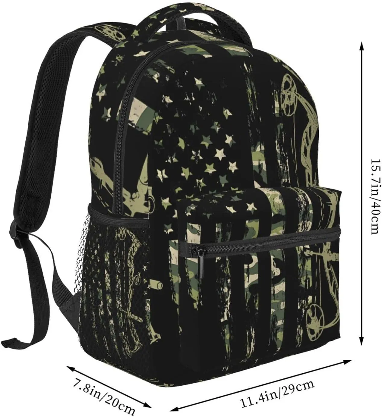 Bow Hunting American Flag Archery Bowhunter Camouflage Backpack Casual Pack Bag Laptop Backpack With Side Pocket Front Zipper Pocket Bookpack Travel Daypack Picnic Rucksack