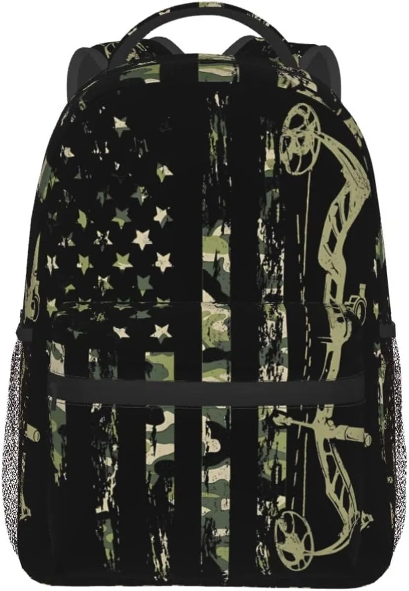 Bow Hunting American Flag Archery Bowhunter Camouflage Backpack Casual Pack Bag Laptop Backpack With Side Pocket Front Zipper Pocket Bookpack Travel Daypack Picnic Rucksack