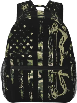 Bow Hunting American Flag Archery Bowhunter Camouflage Backpack Casual Pack Bag Laptop Backpack With Side Pocket Front Zipper Pocket Bookpack Travel Daypack Picnic Rucksack